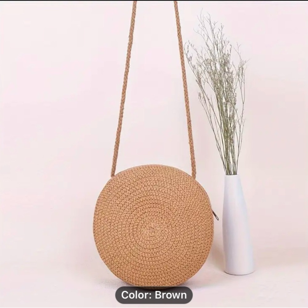 Light Brown Circular Woven Crossbody Bag
